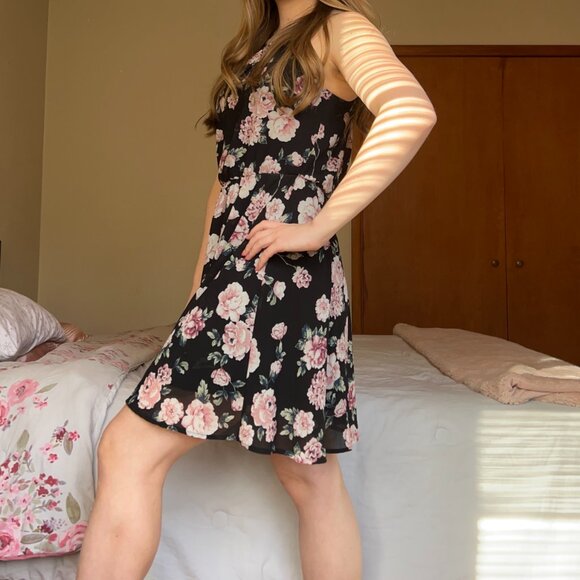 Francesca's Black and Pink Floral Blue Rain Dress - Picture 2 of 6